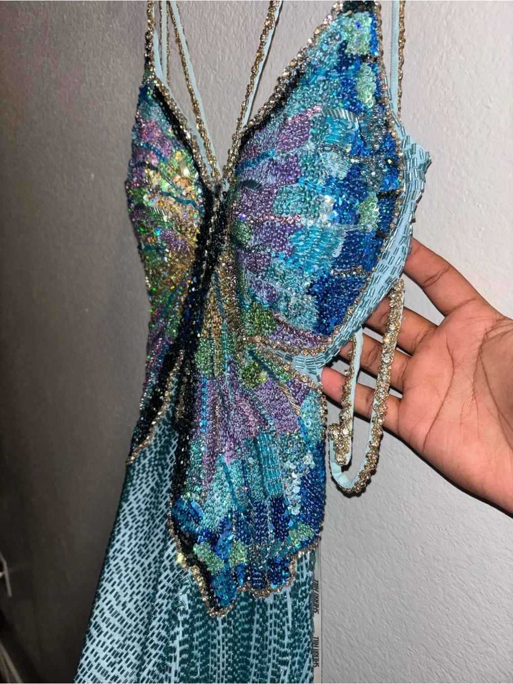 Sherri Hill Blue Iridescent Butterfly Bodice Evening Gown - Picture 4 of 9